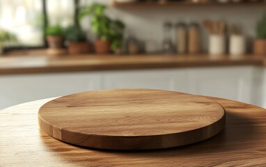 Empty wooden table in a blurred kitchen interior background for product display, an e-commerce mockup template with space for text and design, 3D rendering