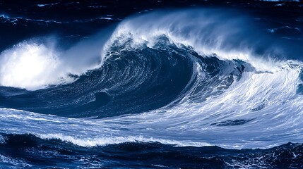 Fototapeta premium Ocean wave crashing, dark blue water, dramatic