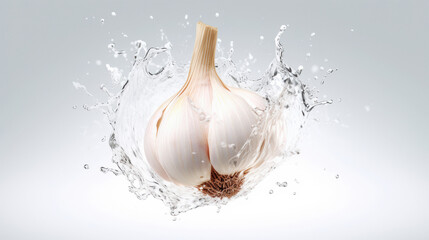 Fresh garlic bulb splashing in water with copy space for culinary design