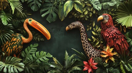 Obraz premium Set of Safari Animals and Tropical Leaves