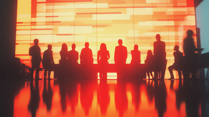 Group of business people silhouettes in modern office building and business network concept. Human resources with pastel innovation charts and graphs with statistics to analyze business