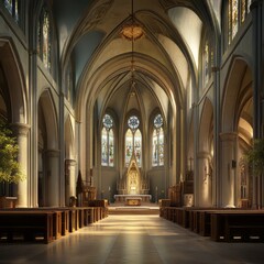 Fototapeta premium Grand cathedral interior with altar and arches
