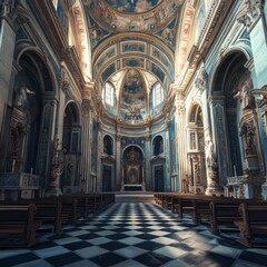 Obraz premium Ornate cathedral interior with checkered floor