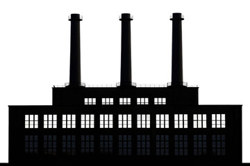 Obraz premium Industrial building with 3 smokestacks at dusk, cut out