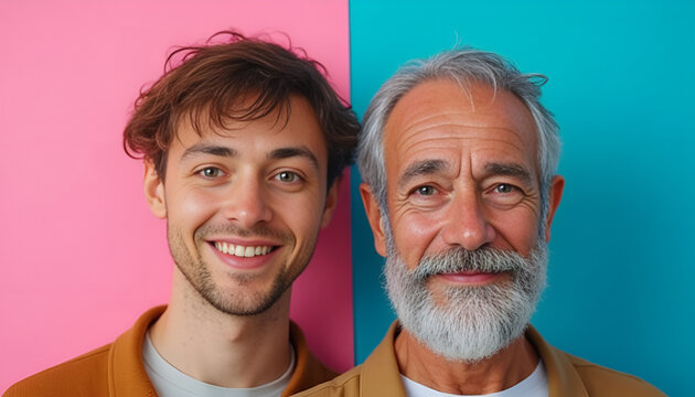 Young man and older man smiling against colorful split background.