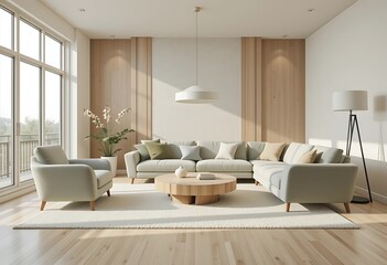 Modern living room with green sofa and wooden accents. 3D Rendering