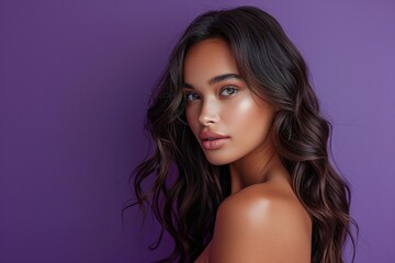 Naklejka premium beauty portrait with soft waves, dark brown hair, glowing skin, purple background, elegant side pose, natural makeup look, youthful feminine charm, smooth hairstyle concept