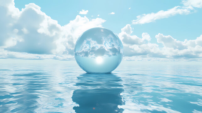 Single large raindrop falling from the sky onto a bright blue ocean surface, reflective surface, atmospheric conditions, spherical shape, weather phenomenon. Weather Phenomena. Illustration