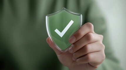 Secure & Protected: A hand confidently presents a transparent shield with a white checkmark, symbolizing safety, security, and reliability.