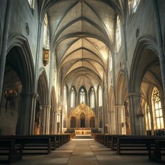 Fototapeta premium Grand cathedral interior with golden altar.