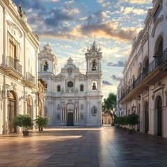 Obraz premium Majestic Church in Plaza at Golden Hour