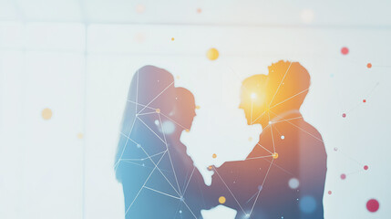 Group of business people silhouettes in modern office building and business network concept. Human resources with pastel innovation charts and graphs with statistics to analyze business