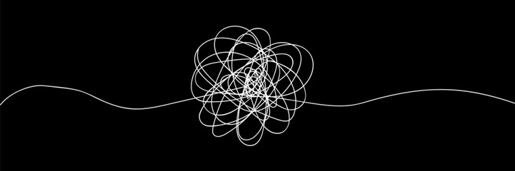 Confused thoughts in black background. Concept of mental health problems, stress, grief, headache in simple linear style. Editable vector illustration