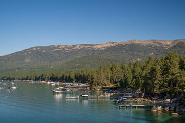 multiple boat jetty's on the crystal clear waters of north Lake Tahoe, on a clear summer's morning