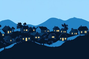 Nighttime Village nestled in rolling hills