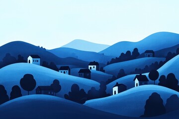 Blue Hills Village Houses Peaceful Landscape Scene