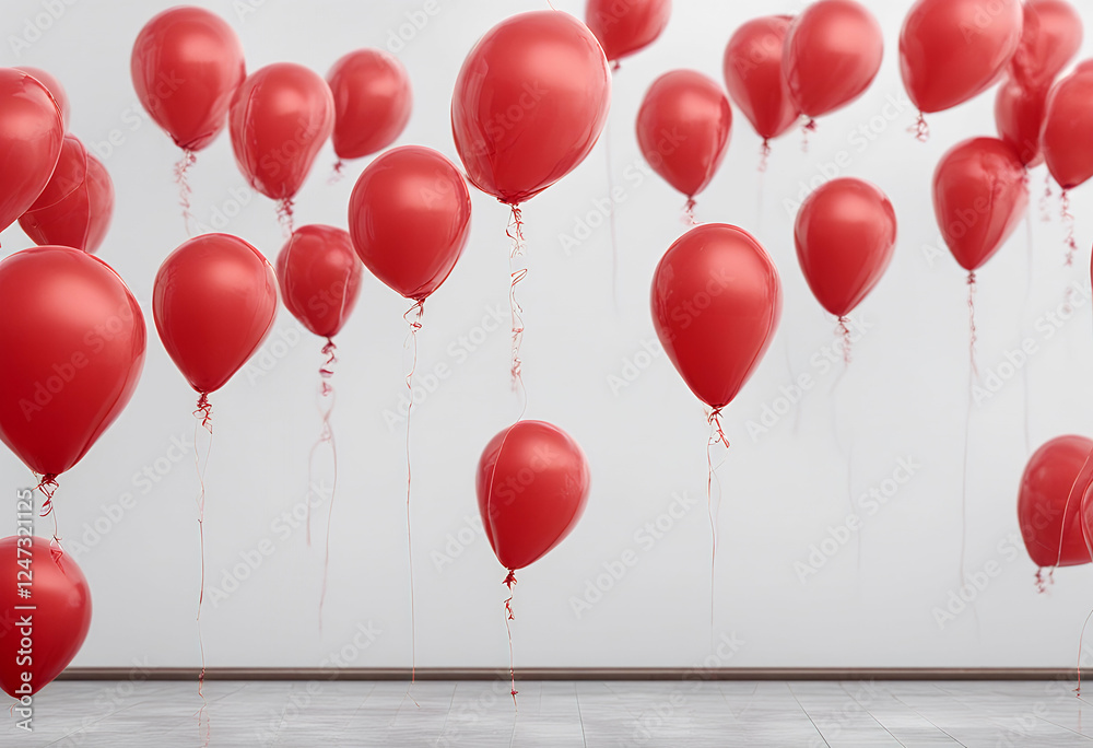 Wall mural row white isolated red balloons balloon party sale holiday celebration birthday decoration anniversary celebrate happy background helium joy festival carnival shiny bunch vibrant three-dimensional