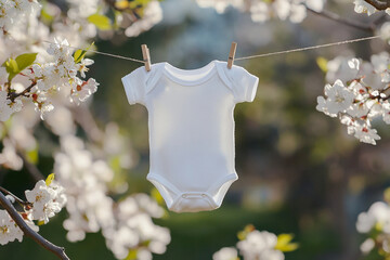 White baby onesie hanging on clothesline outdoors in spring with copy space, spring baby pregnancy announcement	