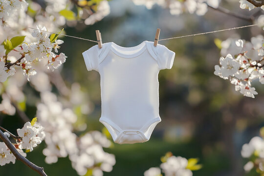 White baby onesie hanging on clothesline outdoors in spring with copy space, spring baby pregnancy announcement	