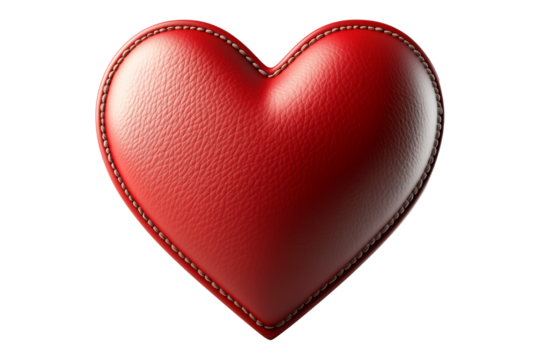 Red leather heart with visible stitching details, textured surface and smooth finish isolated on white transparent background, symbolizing love and care