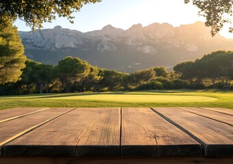 Empty wooden table top with a blurred background of a green field and mountain range landscape at sunrise, suitable for product display montage