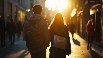Couple Walking Hand in Hand at Sunset in a Bustling City Street