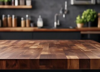 Empty wooden table top with a blurred kitchen interior background for product display, a montage of food and a counter in a dark brown color