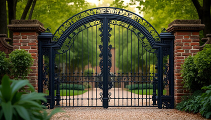 Elegant wrought iron gate with intricate designs leading to a garden pathway, peaceful environment, copy space
