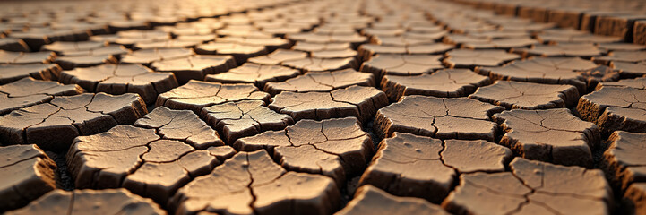 Cracked dry riverbed in warm evening light
