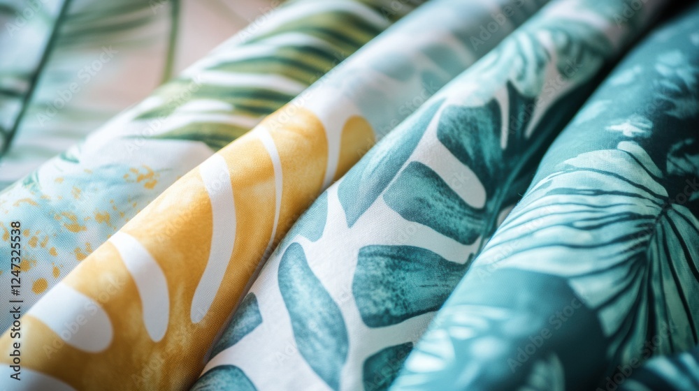 Poster tropical patterns on light summer fabrics showcasing vibrant colors and textures for warm, stylish o