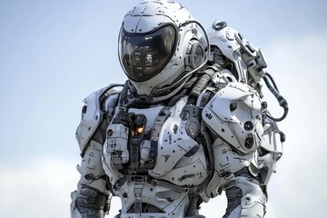 Futuristic white astronaut suit with high-tech armor plating and advanced exoskeleton design.