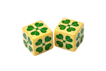 Colorful dice with clovers for tabletop games, cut out