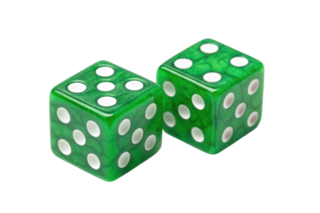 Green dice on a white background ready for rolling, cut out