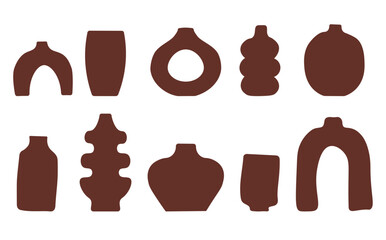Set of abstract vase silhouettes in brown. Various modern, geometric pottery designs. Cozy home decor handmade boho