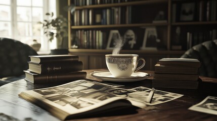 A cozy reading corner with steaming coffee, vintage books, and cherished photos on the table, inviting relaxation and reflection.