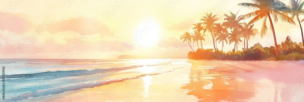 Aufkleber beautiful watercolor illustration of a serene beach at sunset with palm trees and gentle waves. gene