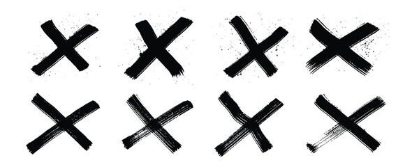 Hand-Painted Black X Marks Set – Brushstroke Cross Symbols Isolated on Transparent Background © Pixora