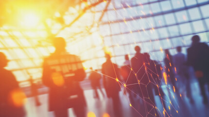 Fototapeta premium Group of business people silhouettes in modern office building and business network concept. Human resources with pastel innovation charts and graphs with statistics to analyze business