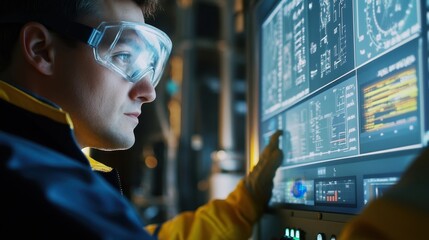 Scientist wearing protective eyewear closely analyzing complex data on a digital screen in a high tech laboratory. Focus on technology and innovation in scientific research