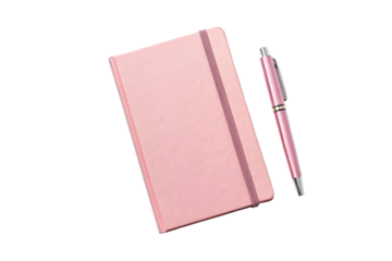 Pink notebook and pen set on white, cut out
