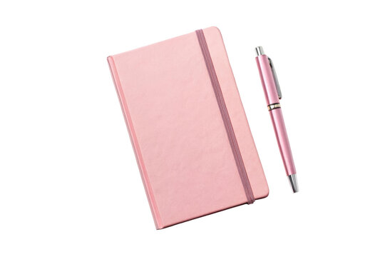 Pink notebook and pen set on white, cut out