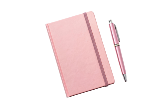 Pink notebook and pen set on white, cut out