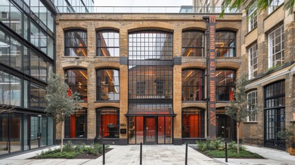 Obraz premium Facade of a Historic Urban Building Blending Classic and Modern Architectural Styles with Symmetrical Windows and Brick Detailing in a Vibrant Cityscape Setting