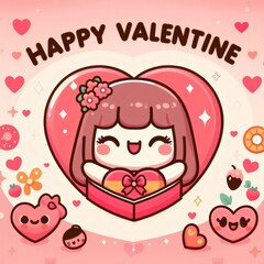 Cute Kawaii Happy Valentine's Day Background - Decorated Wallpaper, Greeting Card for Valentine - Heart, Anime, Chibi, Dog, Cloud, Cat, Bear, Gift, Pink Cuteness