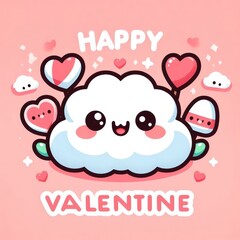 Obraz premium Cute Kawaii Happy Valentine's Day Background - Decorated Wallpaper, Greeting Card for Valentine - Heart, Anime, Chibi, Dog, Cloud, Cat, Bear, Gift, Pink Cuteness