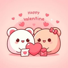 Cute Kawaii Happy Valentine's Day Background - Decorated Wallpaper, Greeting Card for Valentine - Heart, Anime, Chibi, Dog, Cloud, Cat, Bear, Gift, Pink Cuteness