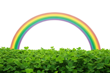 Vibrant rainbow arches over lush green clovers, cut out