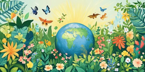 Vibrant Earth Surrounded by Lush Flowers and Butterflies