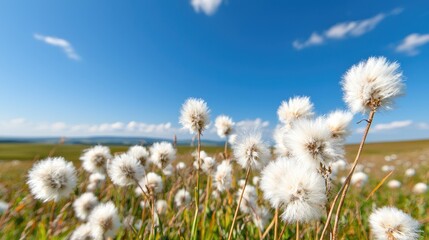 Obraz premium Fluffy Cotton Grass Field, Summer Day, Landscape, Nature Background, Ecology