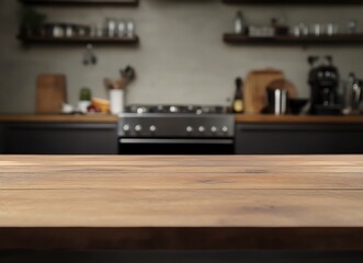 Empty wooden table top with a blurred kitchen interior background for product display, a montage of food and a counter in a dark brown color